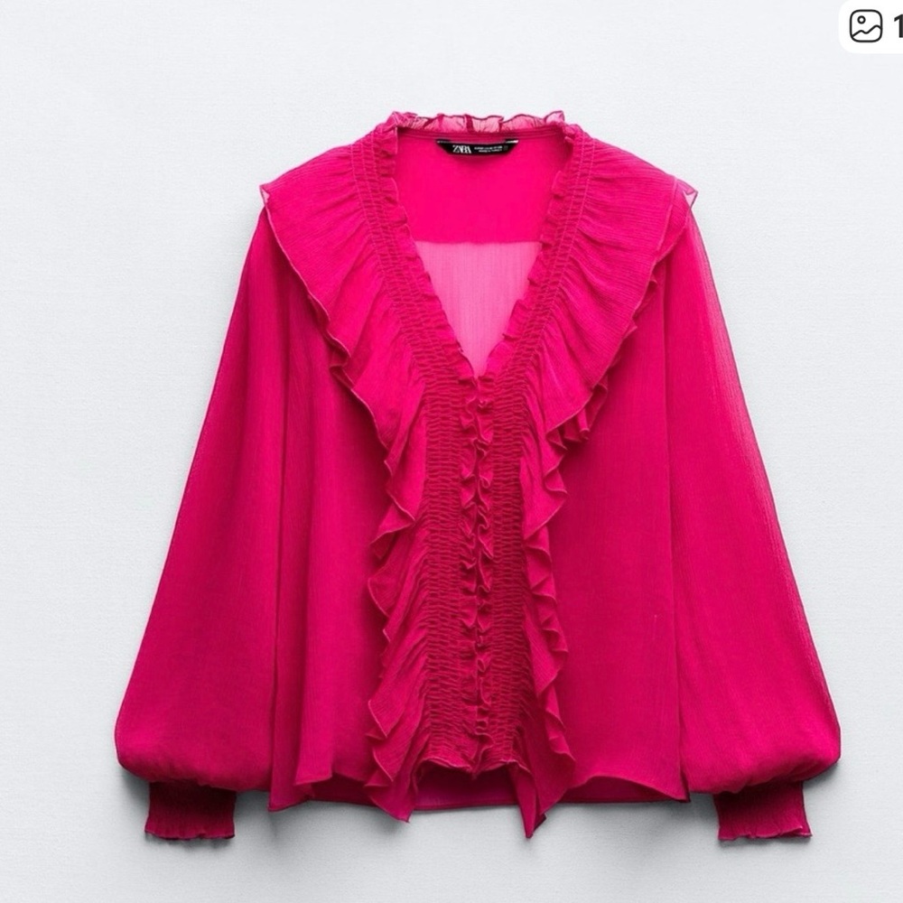 Zara Semi SheerFuchsia Ruffle-Trim Sheer Blouse